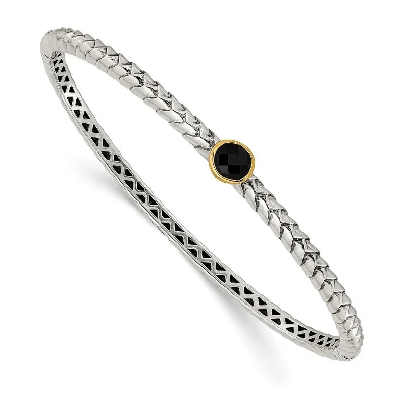 Women’s gold bracelets-Curata 925 Sterling Silver Hinged Polished With 14k 6mm Simulated Onyx Cuff Stackable Bangle Bracelet