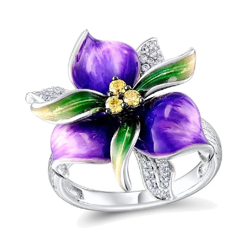 Women’s bezel-set engagement rings-Purple Flower Rhinestone Inlaid Women Finger Ring Wedding Party Jewelry Gift