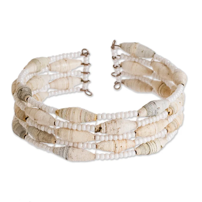 Women’s pearl bangles-Novica Handmade Nature Of Life In White Recycled Paper Beaded Cuff Bracelet