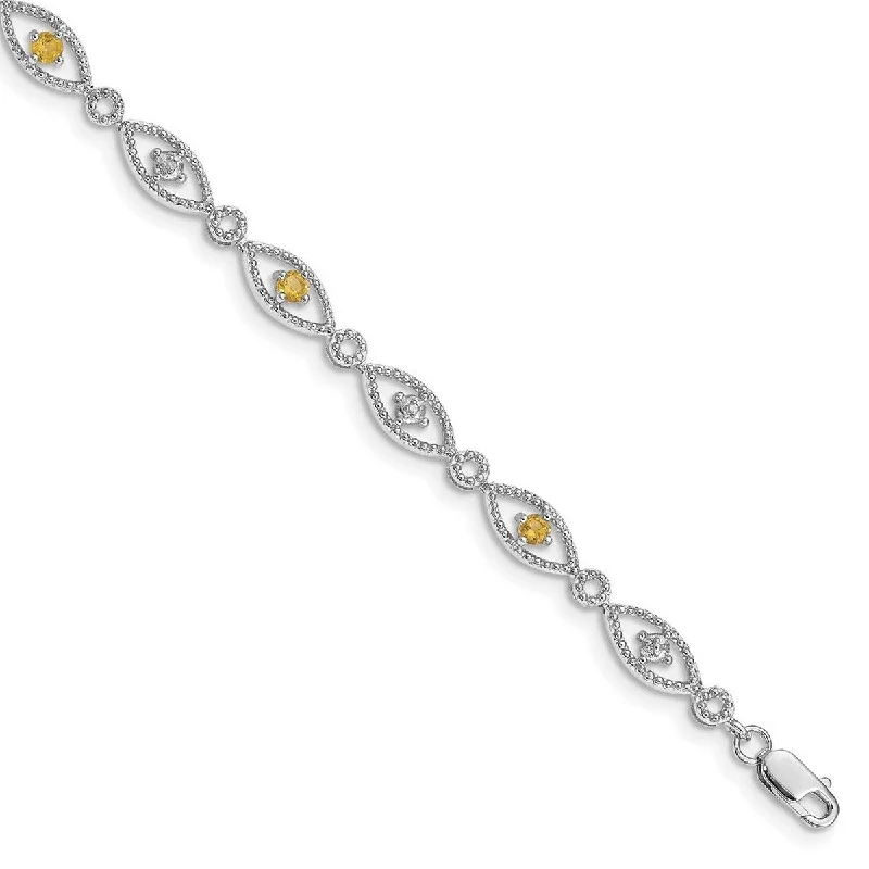 Women’s wide bangle bracelets-Curata 925 Sterling Silver Textured Polished Open back Lobster Claw Closure Citrine Diamond Bracelet