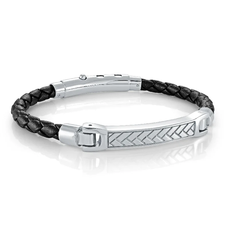 Women’s sparkly bracelets-PLAITED BLACK LEATHER ID BRACELET