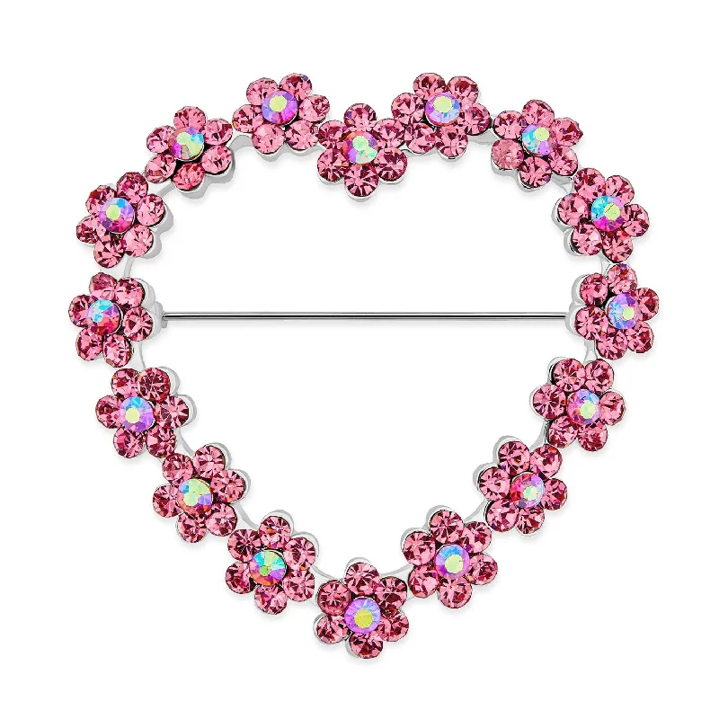 Women’s emerald engagement rings-Romantic Wedding Pink Crystal Heart Flower Brooche Pin Rhodium Plated Alloy