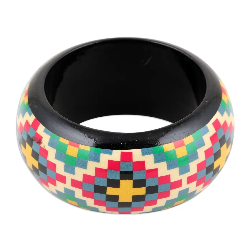 Women’s geometric bracelets-Novica Handmade Checkered Stars Wood Bangle Bracelet