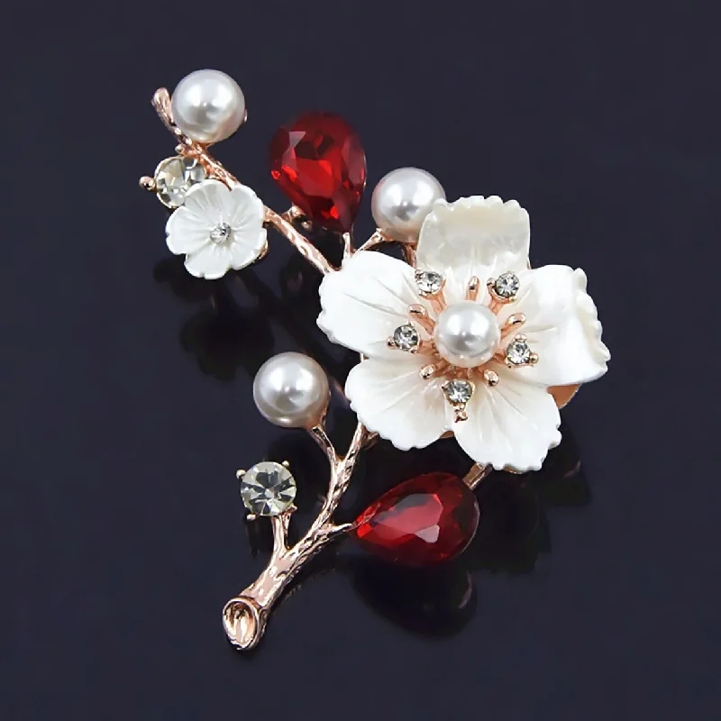 Women’s antique engagement rings-Faux Pearls Seashells Wedding Brooch Gift Elegant Plum Blossom Rhinestone Lapel Pin Costume Accessories - no