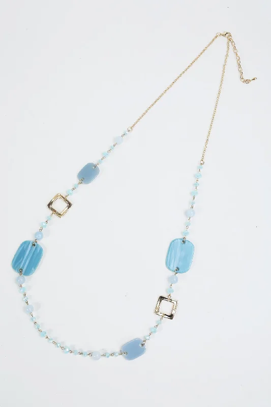 Women’s gold charm necklaces-Blue Square Link Detail Long Necklace