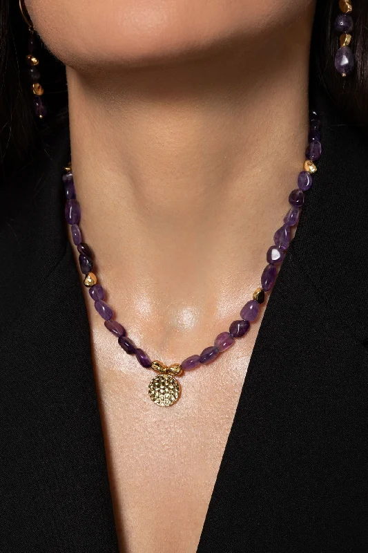 Women’s gold pendant necklaces-Gold & Purple Stone Necklace