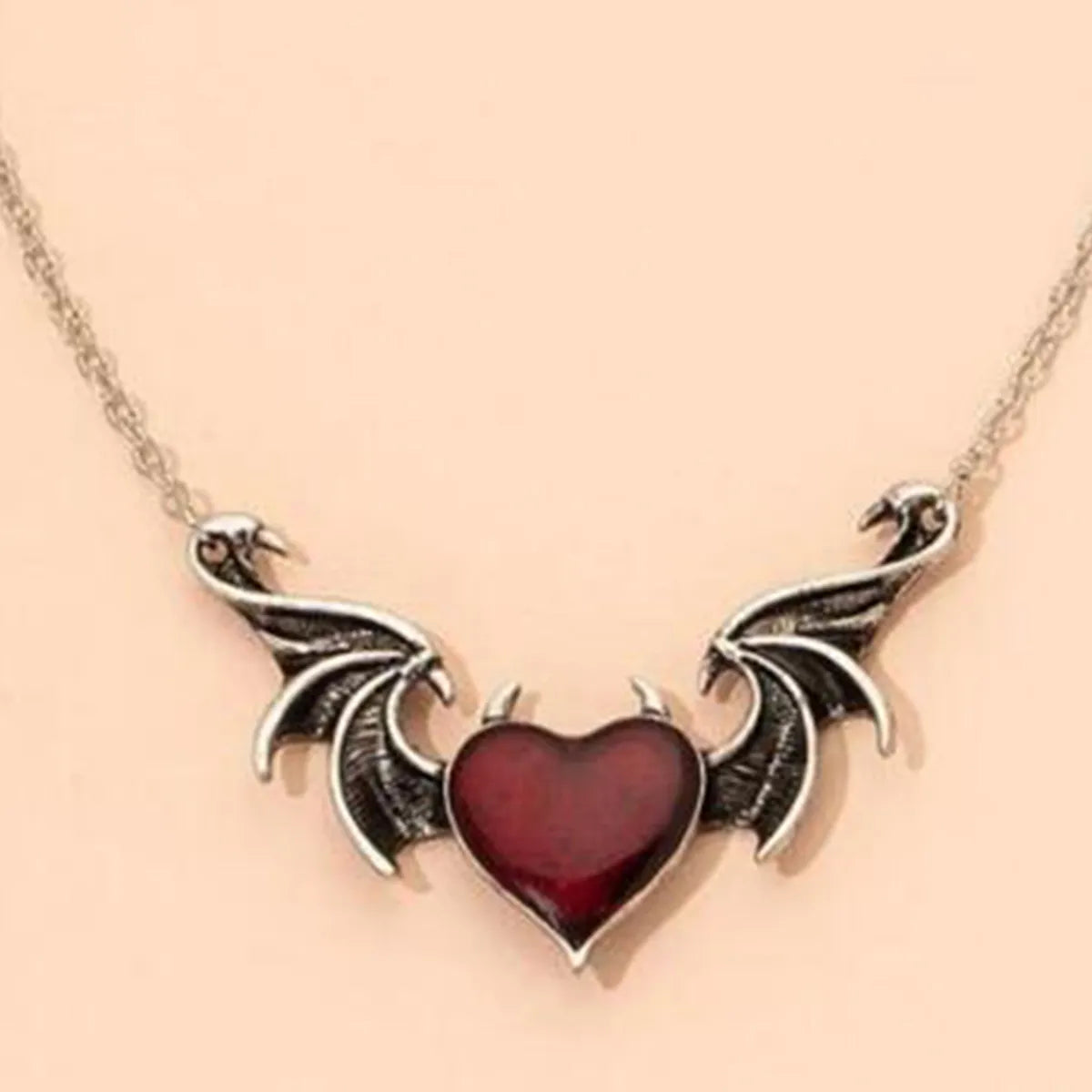 Women’s sparkling diamond necklaces-Fashion Devil Wings Gothic Retro Punk Alloy Pendant Heart-shaped Drop Oil Necklace