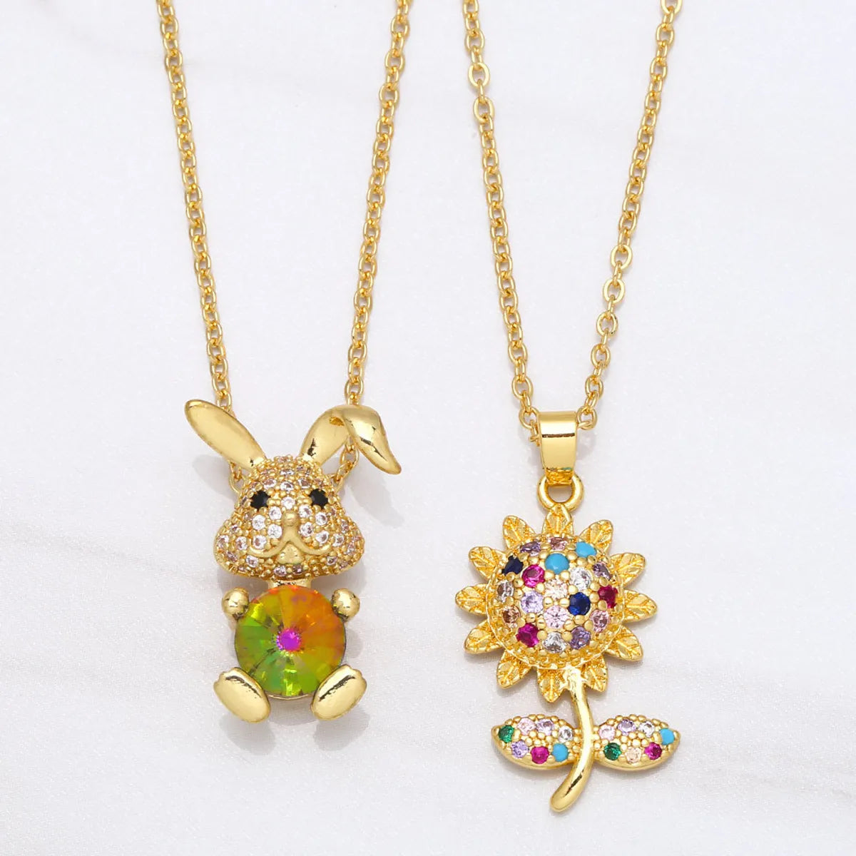 Women’s custom necklaces-European And American Micro-Inlaid Color Zircon Sunflower Rabbit Copper Clavicle Chain