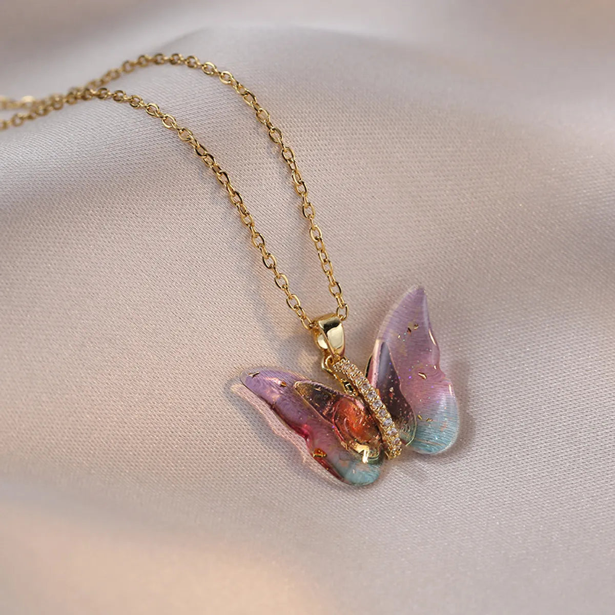 Women’s long necklaces-Sweet Butterfly Titanium Steel Inlay Zircon Pendants Pendant Necklace