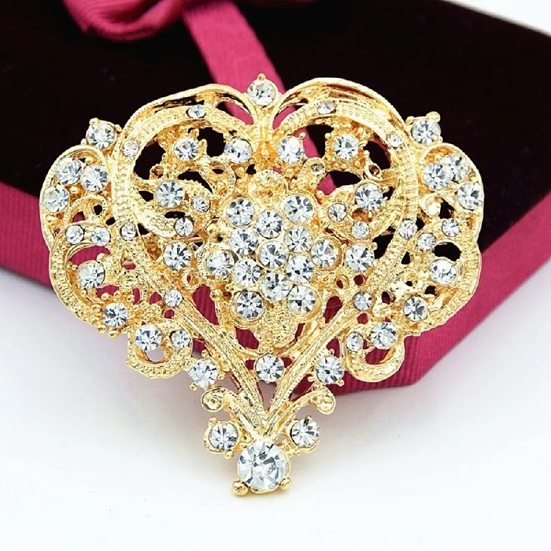 Women’s sapphire diamond engagement rings-Women Fashion Hollow Rhinestone Inlaid Heart Brooch Pin Wedding Party Jewelry - golden - no