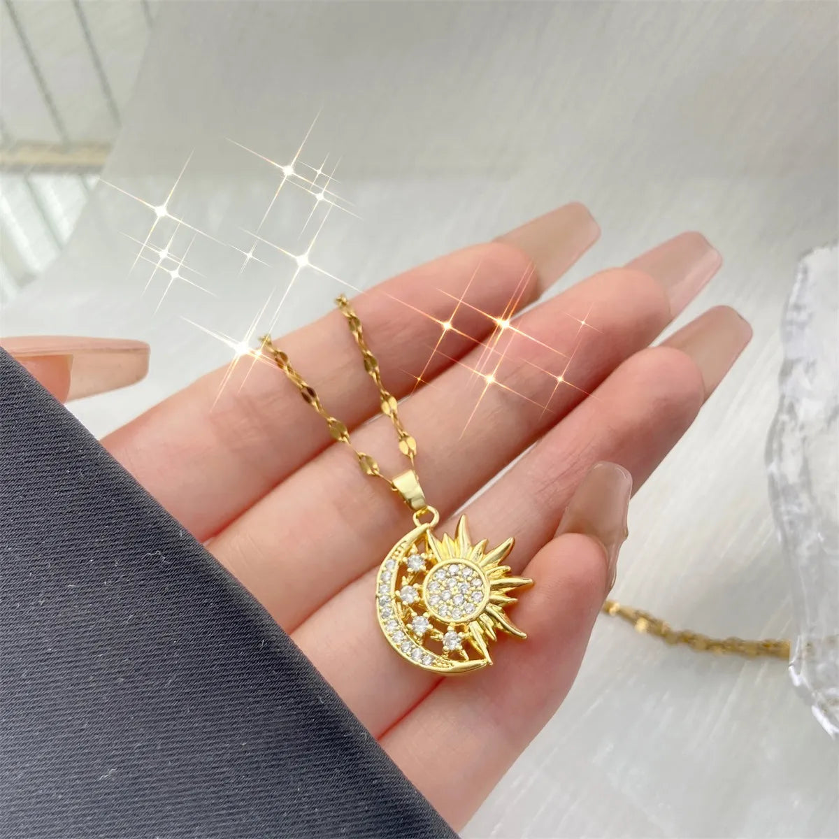 Women’s bar necklaces-Artistic Sun Moon Stainless Steel Copper Plating Inlay Zircon Pendant Necklace