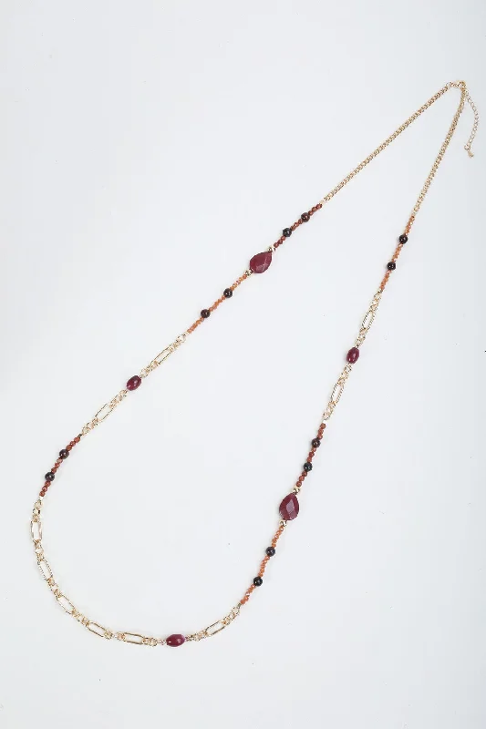 Women’s luxury gold necklaces-Burgundy Multi Beaded Long Necklace