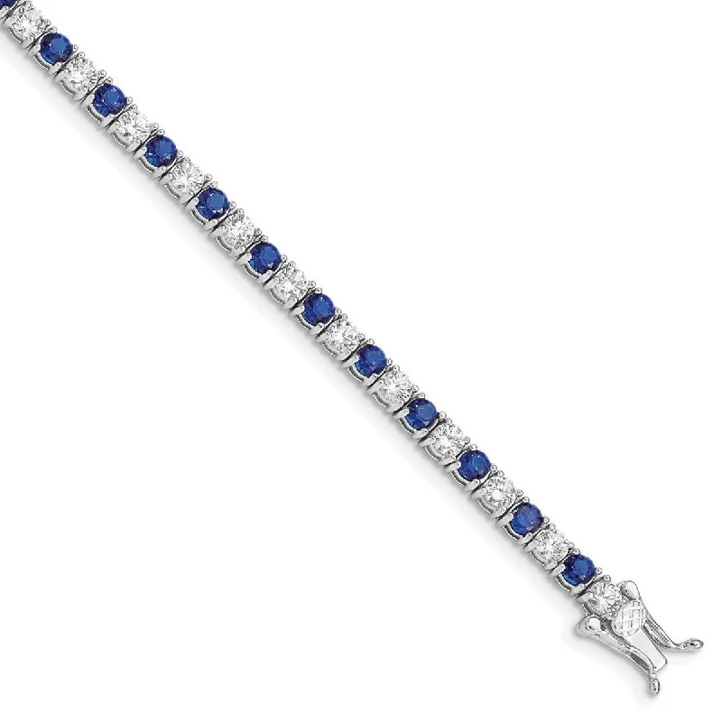 Women’s precious stone bracelets-Curata 925 Sterling Silver Polished Safety clasp Box Catch Closure Blue and White CZ Cubic Zirconia Simulated Diamond Bracelet 7