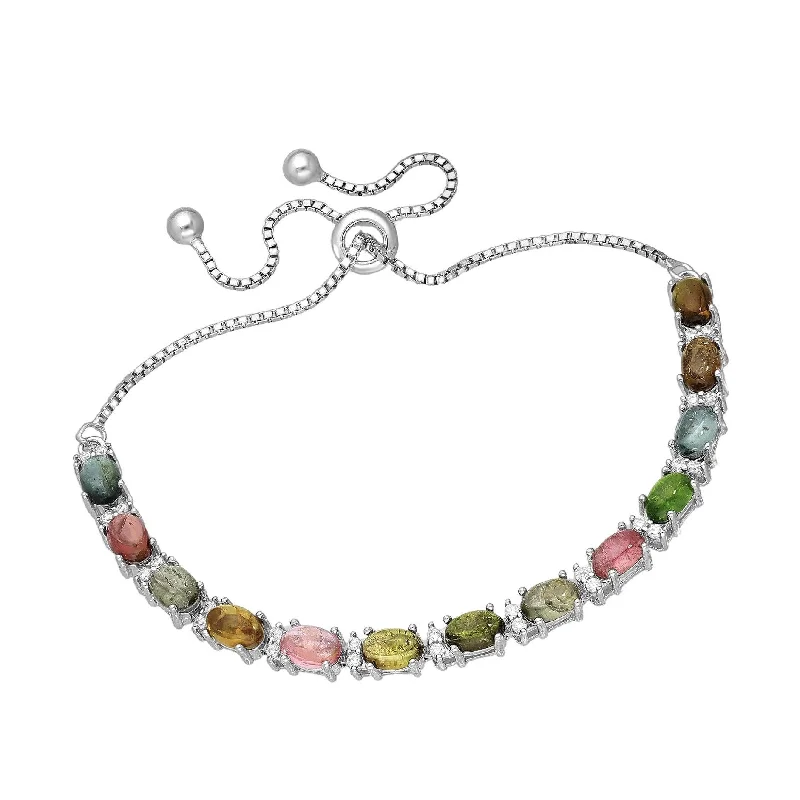 Women’s delicate bracelets-Tourmaline & Cubic Zirconia Sterling Silver Baguette- Cut Bracelet