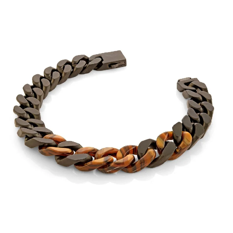 Women’s boho bracelets-10MM CURB LINK CHAIN BRACELET WITH TIGER’S EYE LINKS