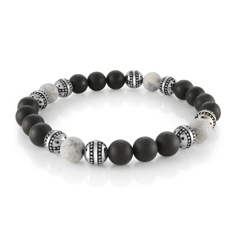 Women’s gemstone cuff bracelets-GREY STONE, BLACK ONYX, & STAINLESS STEEL BEADED STRETCH BRACELET