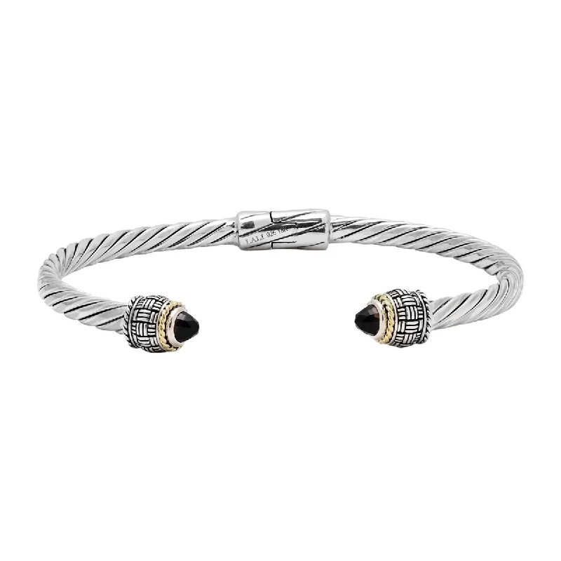 Women’s simple bangles-Smoky Quartz Cuff Bracelet in Sterling Silver with 18kt Yellow Gold