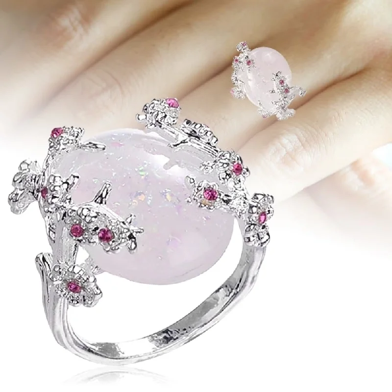 Women’s diamond engagement rings-Women Wedding Jewelry Flower Design Oval Faux Gemstone Ring Rhinestone Decor