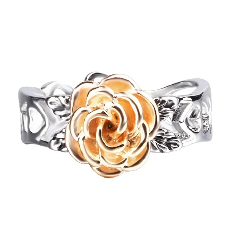 Women’s custom wedding engagement rings-Elegant Two Tone Women Rose Flower Hollow Band Finger Ring Wedding Jewelry Gift