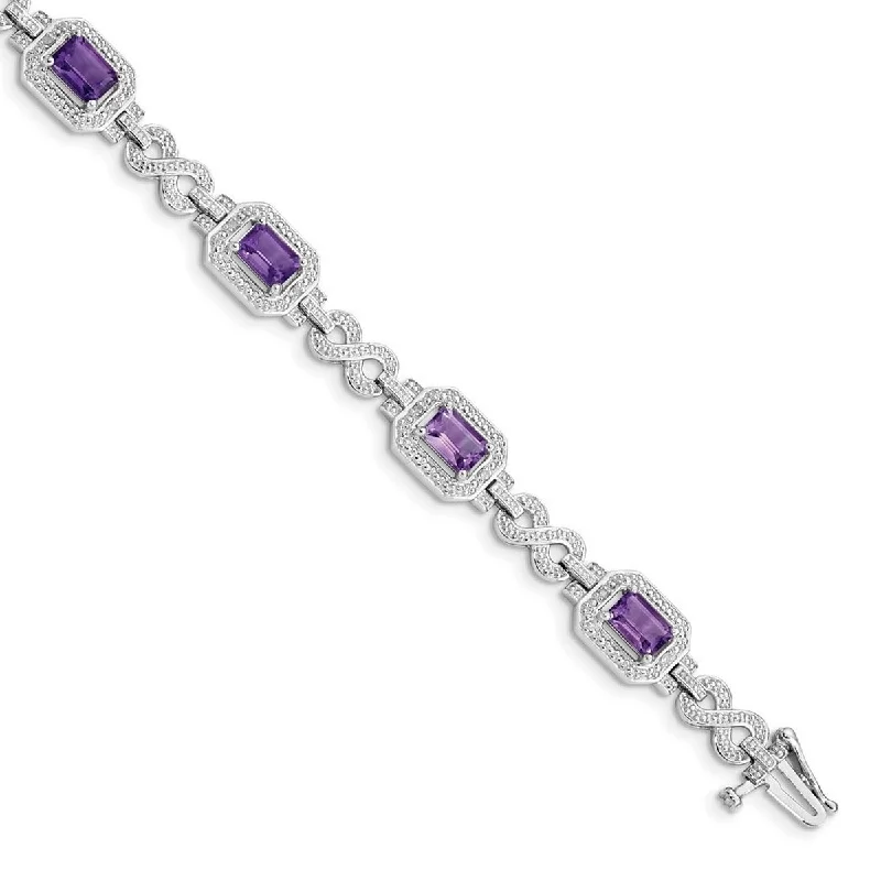 Women’s infinity bangle bracelets-Curata 925 Sterling Silver Textured Polished Box Catch Closure Diamond and Amethyst Bracelet