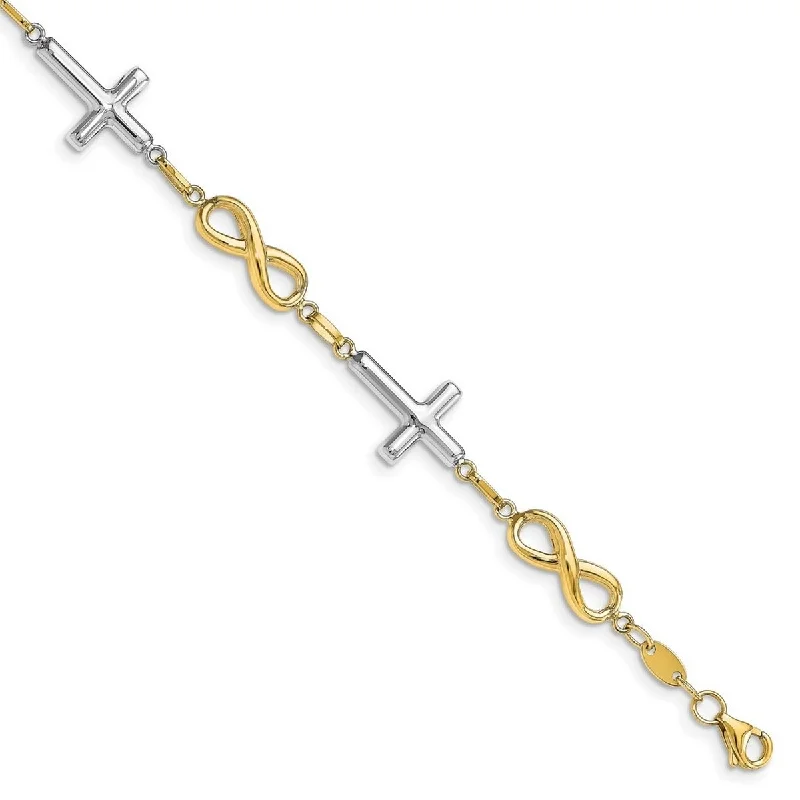 Women’s adjustable bangles-Curata 10k Two tone Gold Sideways Cross and Infinity Link Bracelet 7.5 Inch