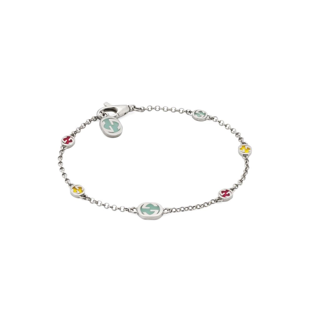 Women’s custom engraved bracelets-Gucci Sterling Silver Interlocking G Bracelet with Multi-Color Enamel