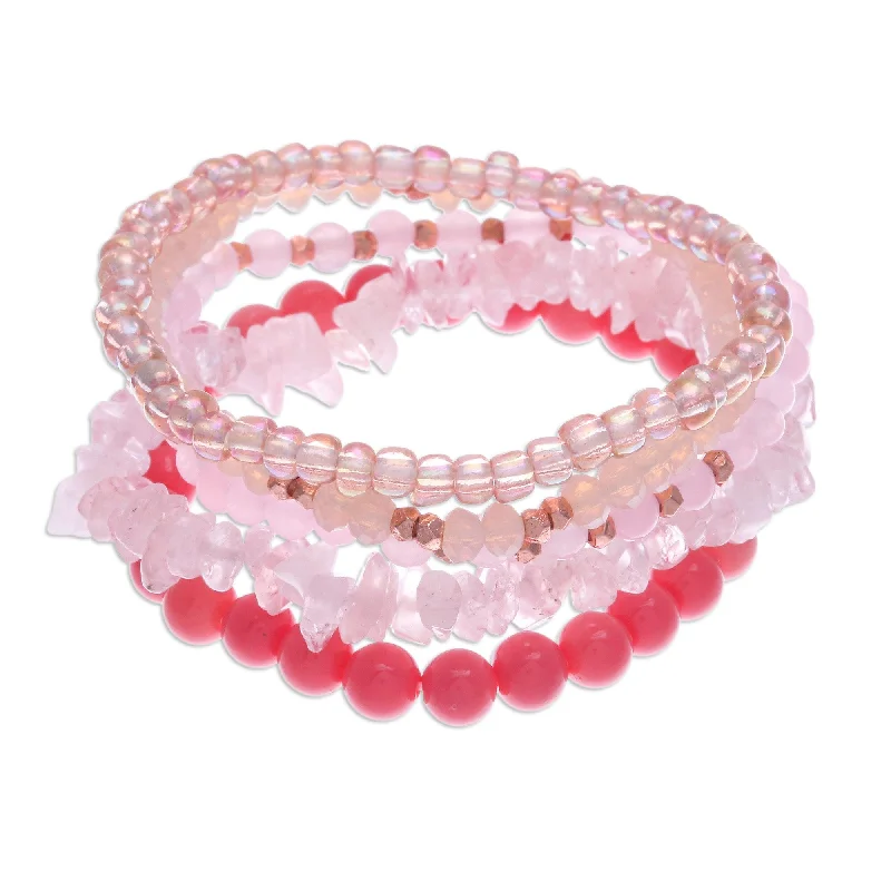 Women’s pearl charm bracelets-Novica Handmade Fancy Dream In Pink Quartz Beaded Stretch Bracelets (Set Of 5)