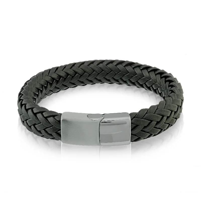 Women’s clasped bracelets-BLACK LEATHER & STAINLESS STEEL BRACELET