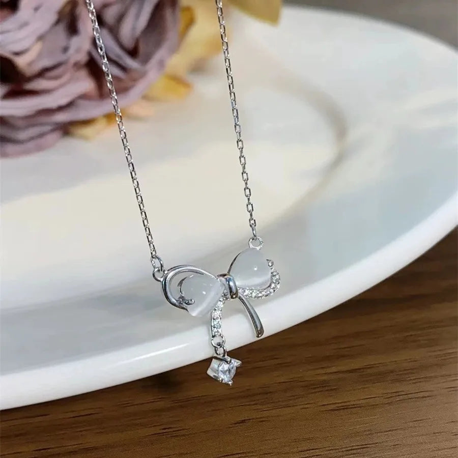 Women’s statement necklaces-Sterling Silver Sweet Bow Knot Inlay Zircon Pendant Necklace