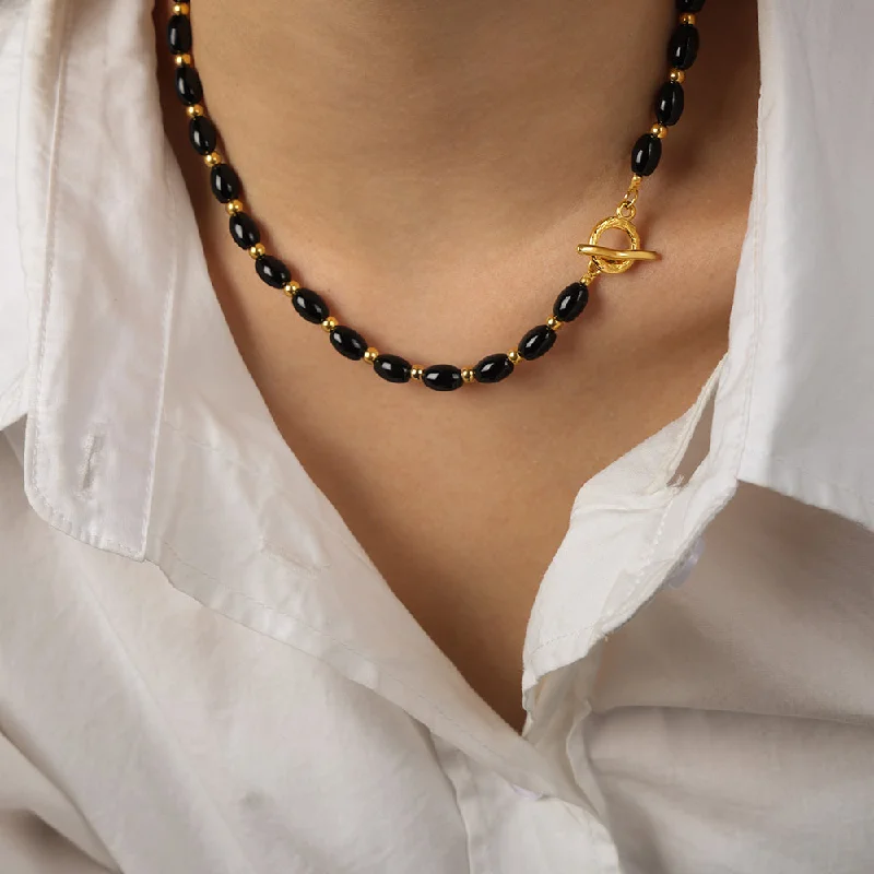 P1886-Black Agate Necklace-40cm