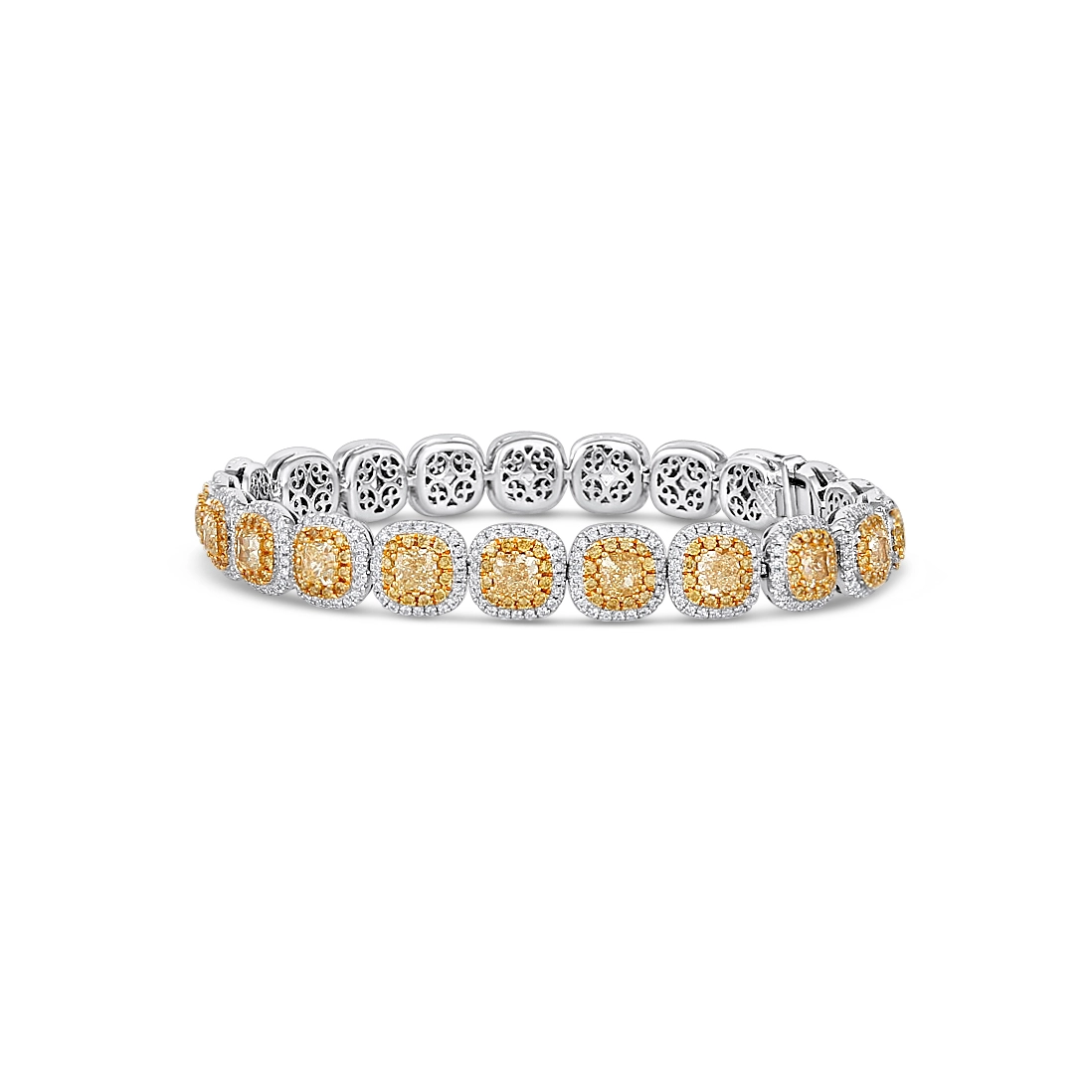 Women’s minimalist bracelets-18K White Gold Fancy Yellow Diamonds with White Diamond Halo Bracelet