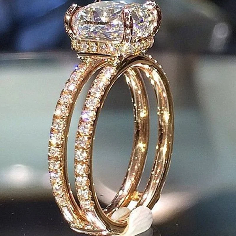 Women’s diamond ring sets-Women Ring Double Layers Square Rhinestone Jewelry Fashion Appearance Exquisite Finger Ring For Wedding - golden