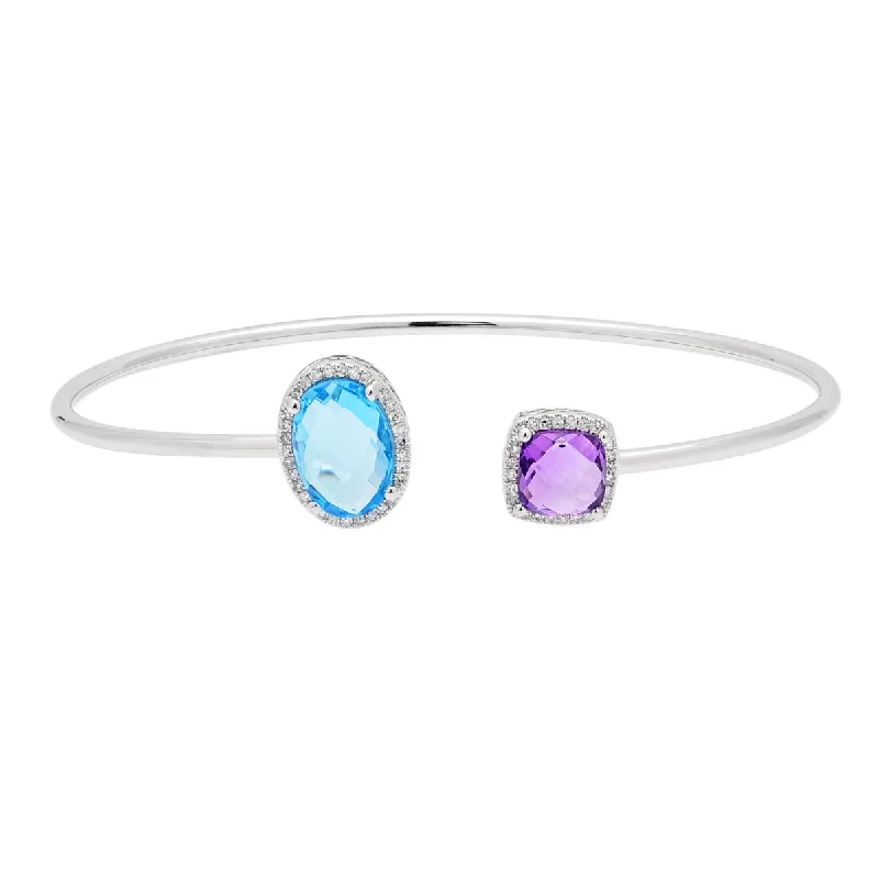 Women’s boho bracelets-Dabakarov Cushion Cut Amethyst and Oval Blue Topaz Cuff Bracelet in 14kt White Gold with Diamonds (1/7ct tw)