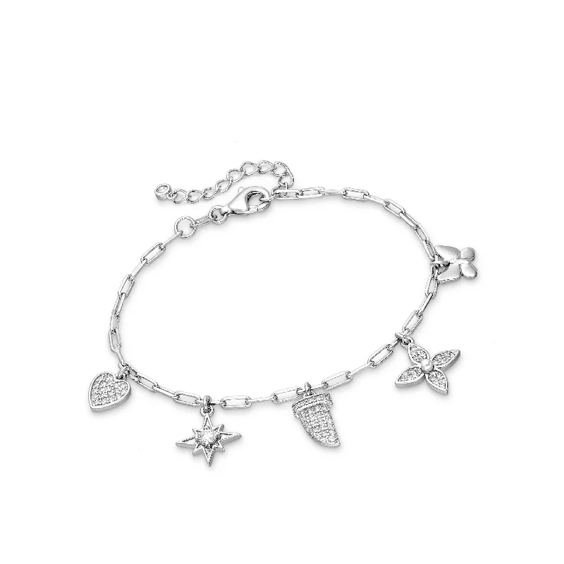 Women’s adjustable bangles-Sterling Silver & Cubic Zirconia Pave Floral Star Heart Charm Bracelet