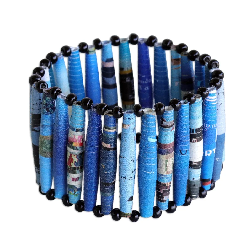 Women’s custom engraved bracelets-Novica Handmade Tribal Links In Blue Beaded Recycled Paper Stretch Bracelet