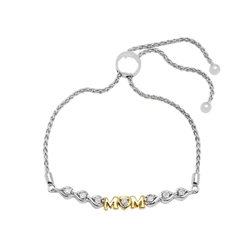 Women’s gemstone bracelets-Diamond Mom Bolo Bracelet in Sterling Silver and Yellow Gold Plate (1/20ct tw)