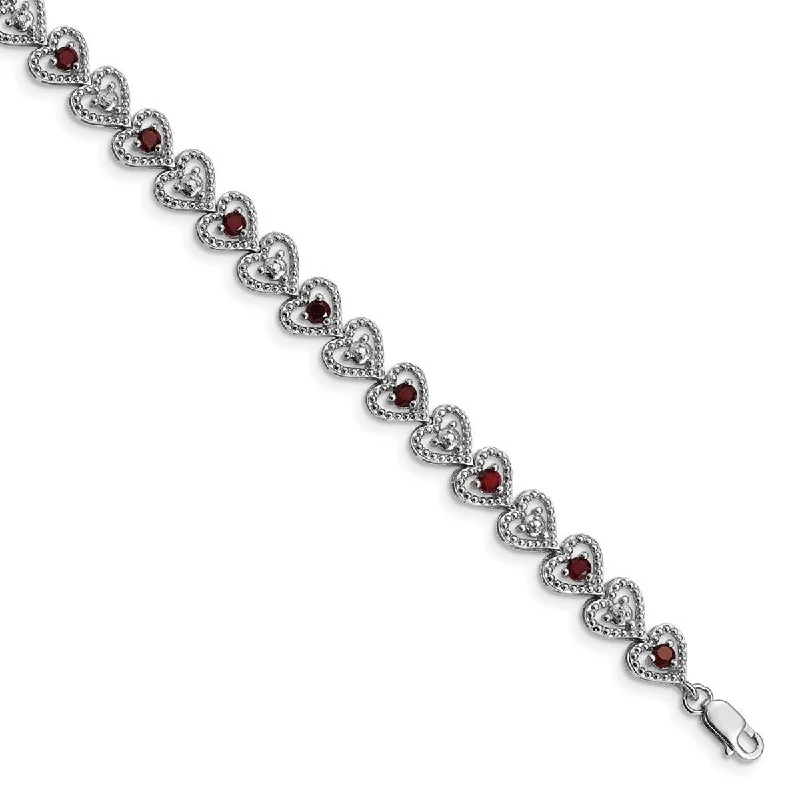 Women’s multi-strand bracelets-Curata 925 Sterling Silver Textured Polished Open back Lobster Claw Closure Garnet Diamond Bracelet