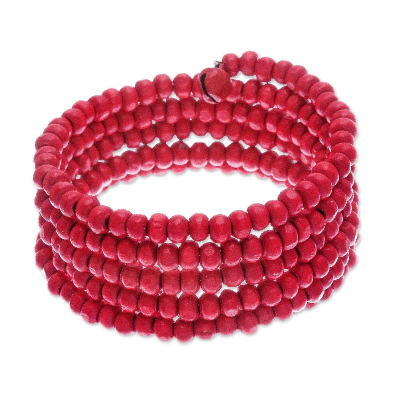 Women’s beach bracelets-Novica Handmade Crimson Spin Wood Beaded Wrap Bracelet (1 In)