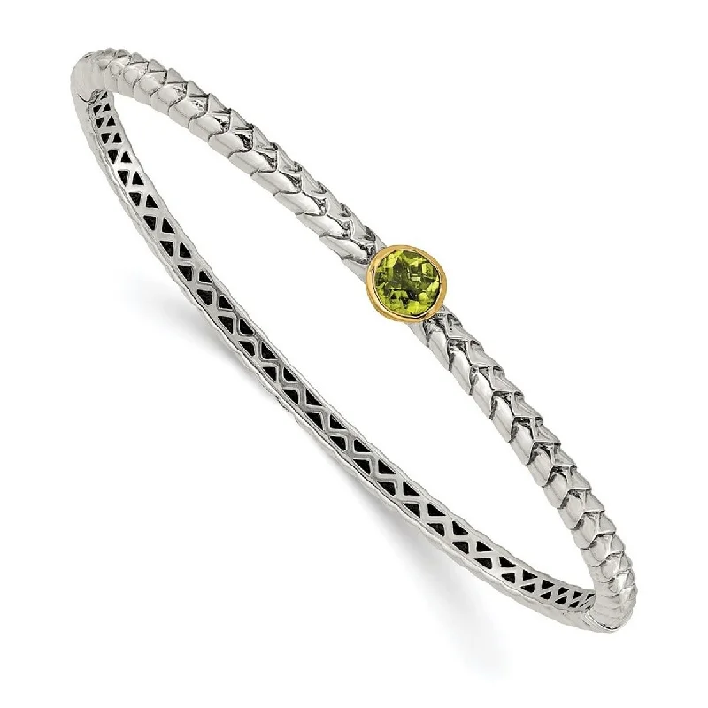 Women’s gemstone bangles-Curata 925 Sterling Silver Bezel Polished Box Catch Closure 14k Yellow 6mm Peridot Hinged Cuff Stackable Bangle Bracelet