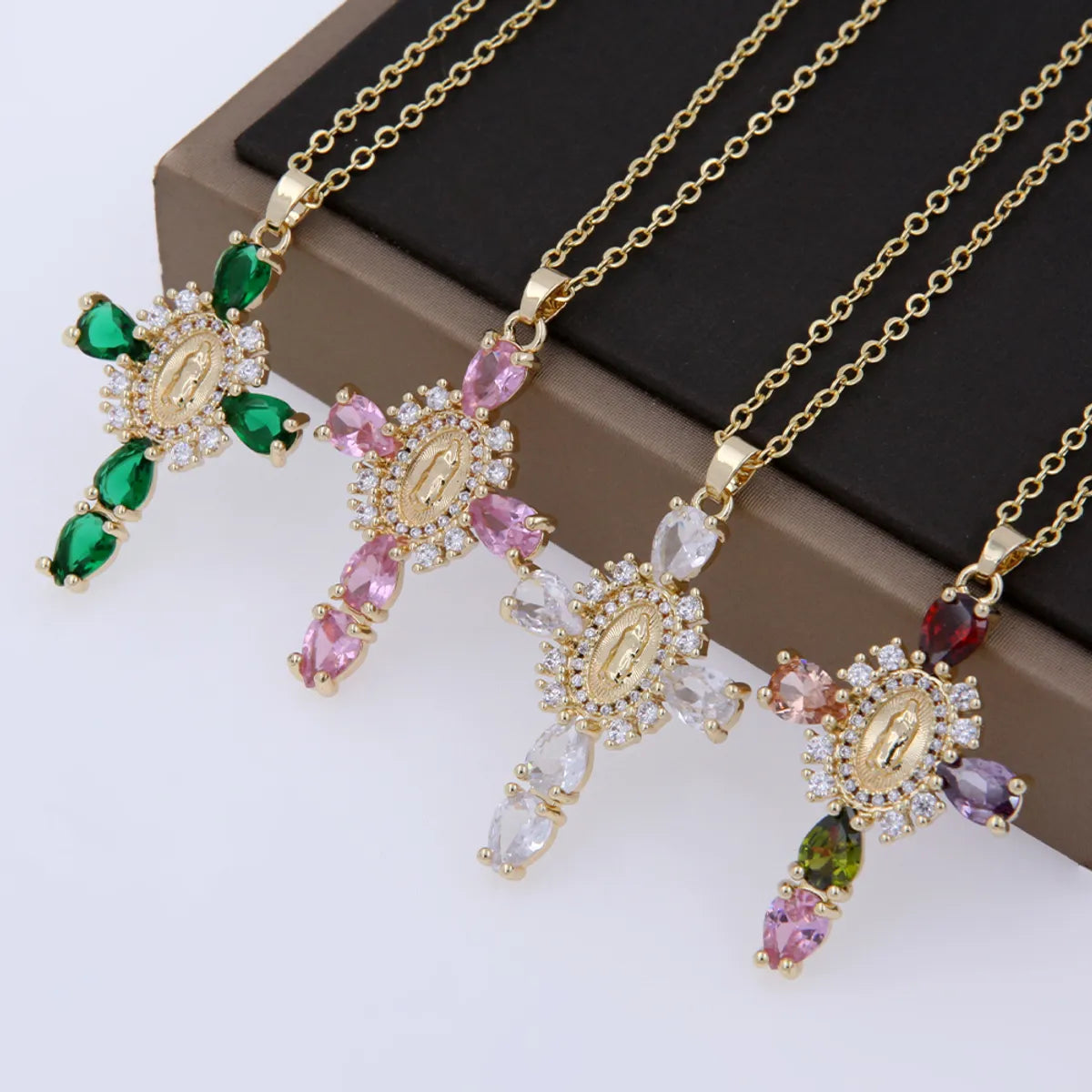 Women’s opal necklaces-Copper 18K Gold Plated Elegant Shiny Inlay Human Cross Zircon Pendant Necklace