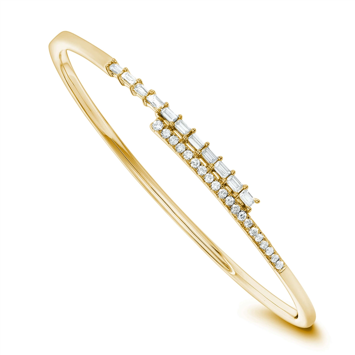 Women’s vintage charm bracelets-18K Yellow Gold Baguette and Round Diamond Hinged Bangle Bracelet