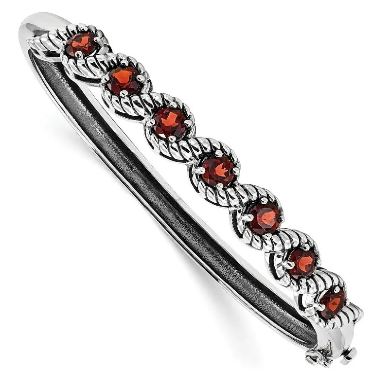 Women’s engraved charm bracelets-Curata 63.1mm 925 Sterling Silver Rhodium Plated Garnet Hinged Cuff Stackable Bangle Bracelet