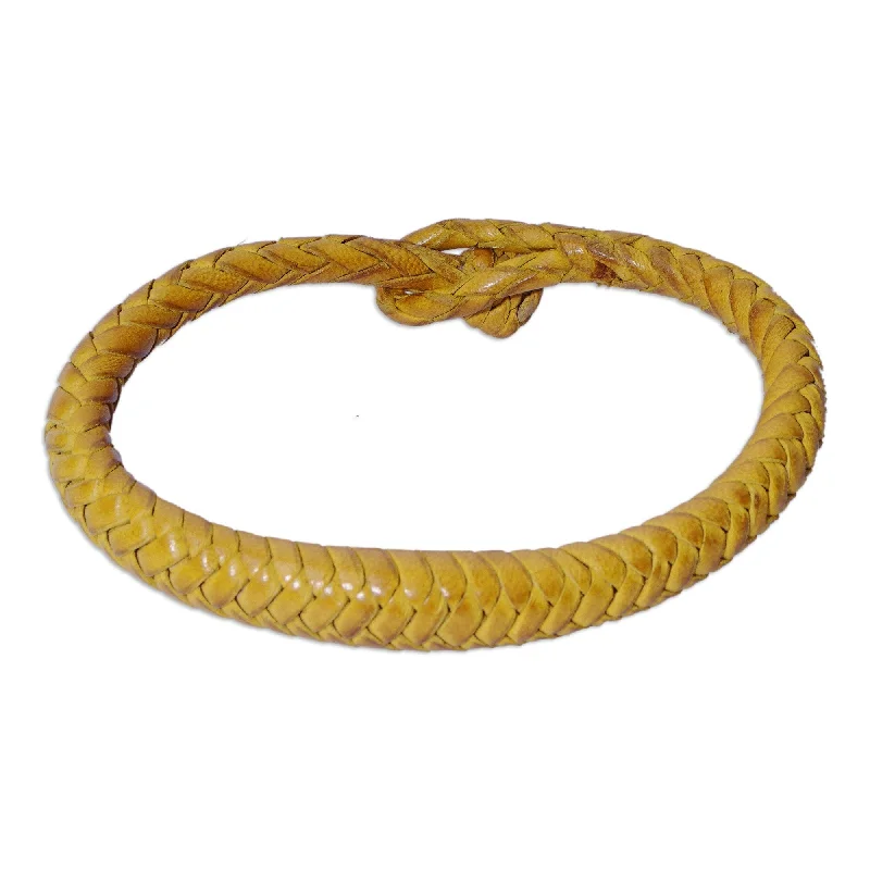 Women’s boho bracelets-Novica Handmade Yellow Grace Braided Leather Bracelet