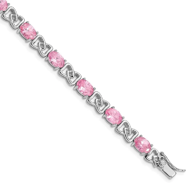 Women’s clasp bracelets-925 Sterling Silver Rhodium-plated Pink Cubic Zirconia Bracelet, 7"