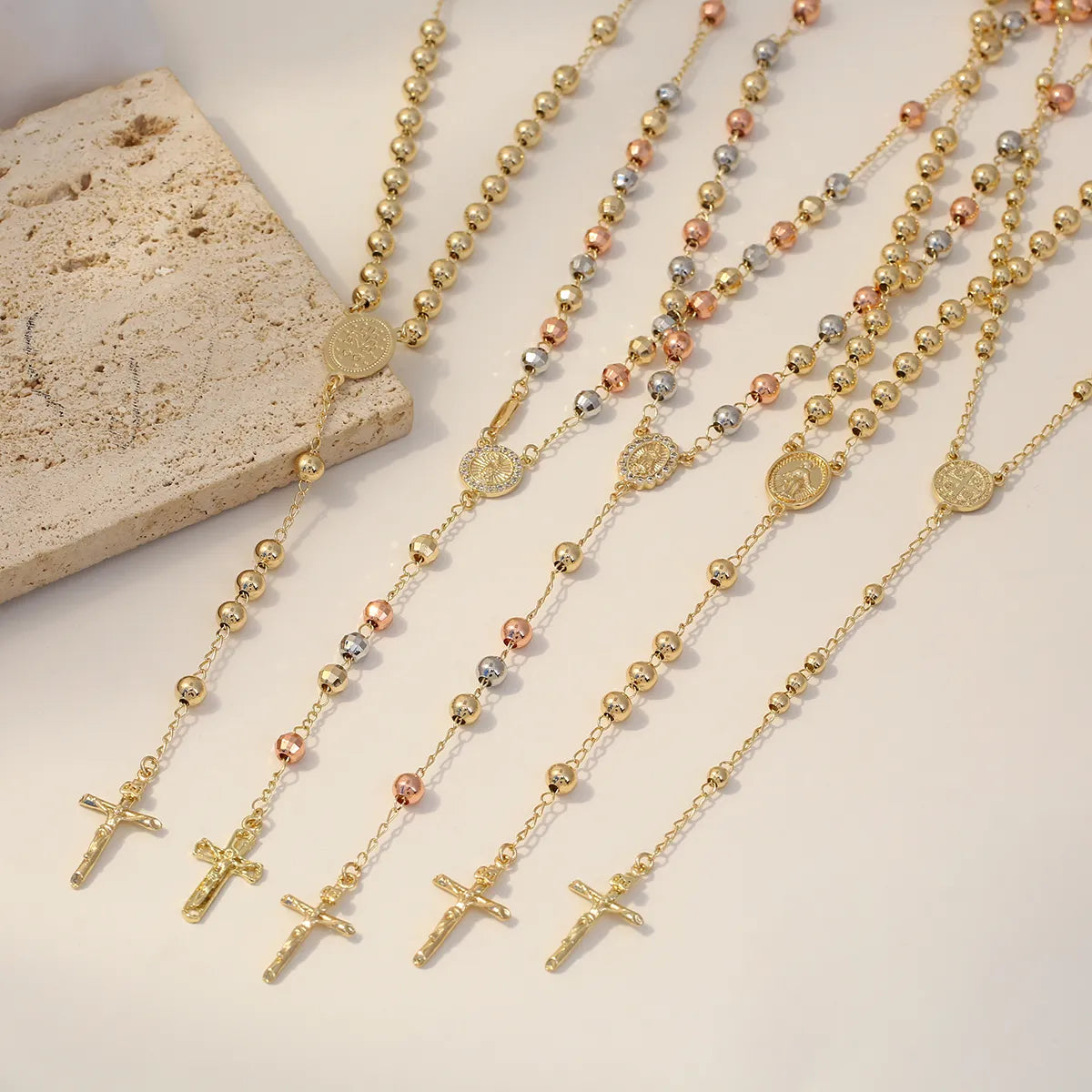 Women’s vintage necklaces-Copper 14K Gold Plated Beaded Inlay Cross Zircon Pendant Necklace