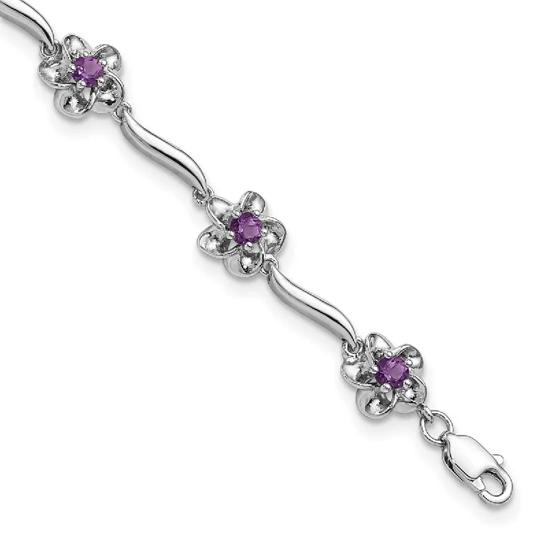 Women’s rose gold bracelets-Curata 7.85mm 925 Sterling Silver Rhodium Plated Floral Amethyst Bracelet