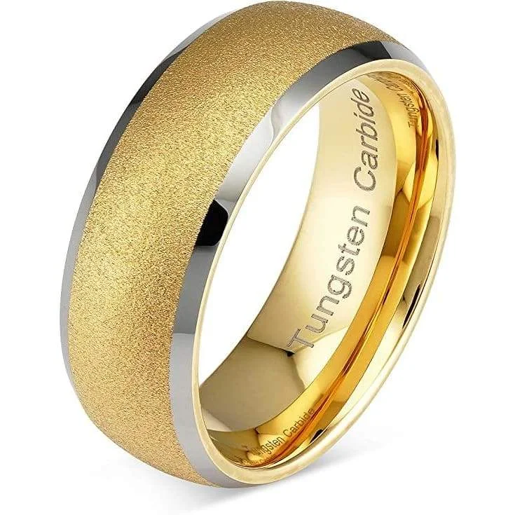 Women’s three-stone engagement rings-Fulton Men's Yellow Gold SandBlasted Silver Edges Tungsten Wedding Band - 8mm