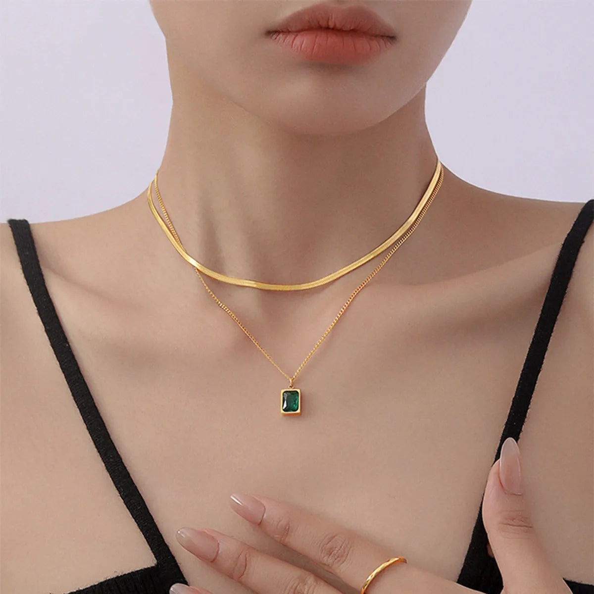 Women’s classic necklaces-Sweet Square Titanium Steel Plating Inlay Artificial Gemstones 18k Gold Plated Layered Necklaces