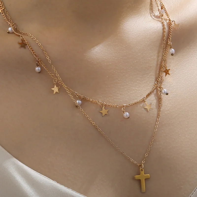 Women’s vintage-inspired necklaces-Elegant Vacation Cross Stainless Steel Copper Layered 14k Gold Plated Double Layer Necklaces