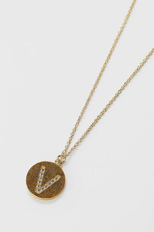 Women’s long chain necklaces-V Initial Necklace in Gold